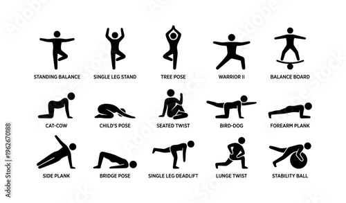 Illustration of various yoga and exercise poses for fitness and balance