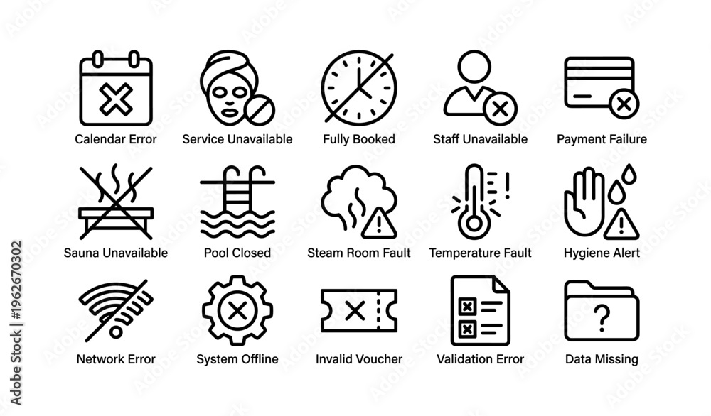 Fototapeta premium Service and system errors icons including calendar, payment, and temperature alerts