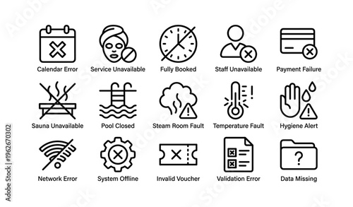 Service and system errors icons including calendar, payment, and temperature alerts