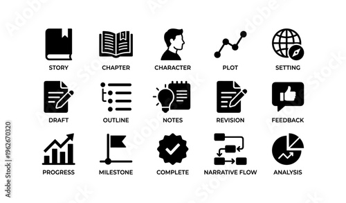 Storytelling icons: characters, plot, feedback, and analysis in writing