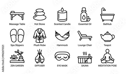 Spa and relaxation icons: massage, hot stone, essential oil, bathtub, meditation