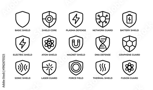 Collection of 16 unique shields and defense icons with various designs
