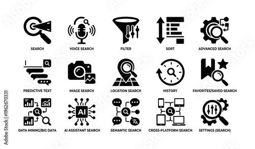 Search and technology icons: voice, ai, filter, sort, history, data mining