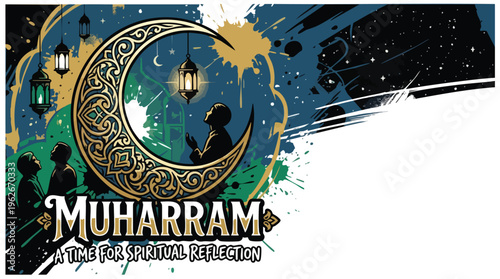 Muharram Crescent Moon with Arabesque Patterns and Spiritual Reflection