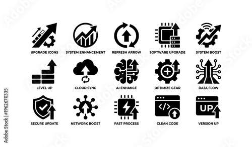 Technology upgrade icons with arrows and gears for system enhancement and software optimization