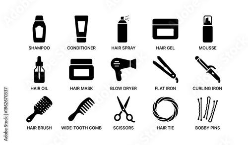 Hair care icons collection including shampoo conditioner hair gel and styling tools