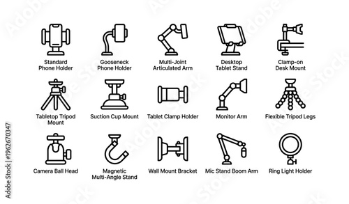 Collection of device holders: gooseneck, tripod, articulated arm, and more
