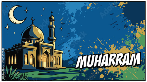 Muharram Mosque Crescent Moon Sky with Spiritual Lantern Glow