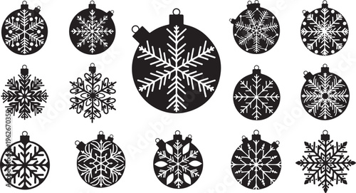 Black and white snowflake Christmas ornaments on white background