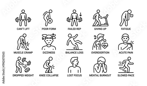 Fitness challenges icons with various exercise struggles and setbacks