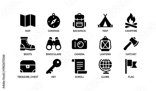 Outdoor adventure icons: map, compass, backpack, tent, campfire essentials