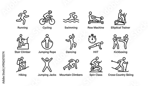 Exercise icons: running, cycling, swimming, rowing, and more fitness activities