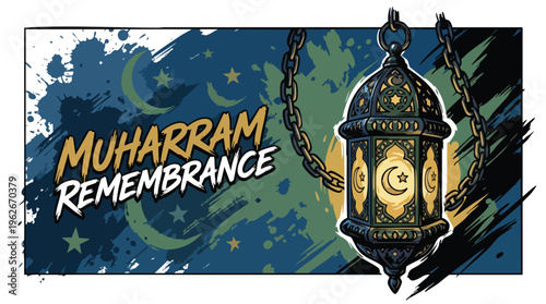 Muharram Remembrance Lantern with Crescent Moon and Stars Vector Illustration