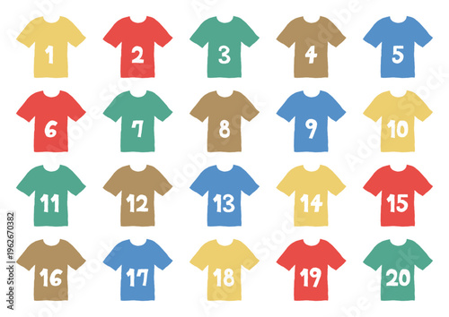 1から20までの数字が書いてあるカラフルなシャツの手描きイラストセット