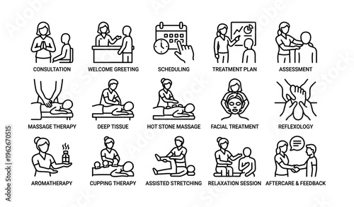 Wellness center icons: consultation, scheduling, massage, therapy, relaxation