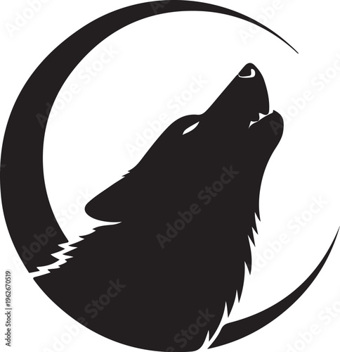 Wolf howling at the crescent moon in black silhouette style