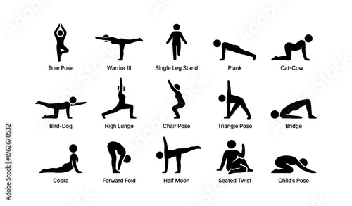 Silhouettes of various yoga poses: warrior, plank, triangle, cobra, bridge, seated twist