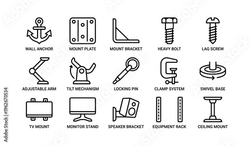 Assorted hardware icons: anchors, mounts, screws, brackets, clamps