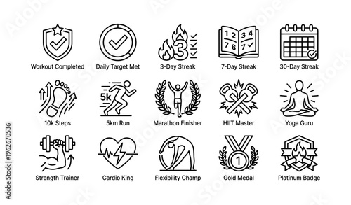 Fitness achievements icons featuring streaks, running, yoga, and medals