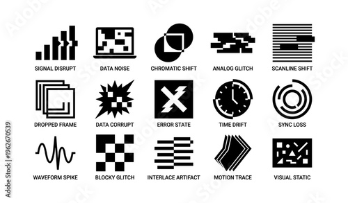 Digital glitch icons: signal disruptions and data errors in modern technology