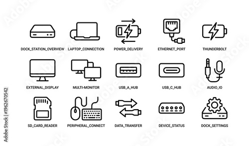 Icons of docking station features including usb ports and peripheral connections