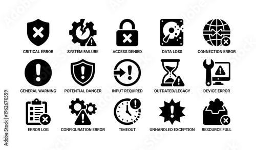 Critical system error icons set with warnings and alerts for technology issues