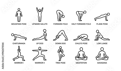 Illustrated guide to basic yoga poses with stick figures for beginners