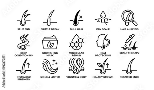 Hair care icons: split ends, nourishing masks, scalp therapy, strength, growth