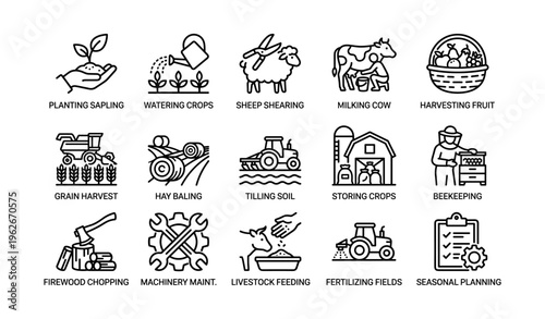 Farming activities icons set including livestock care and crop management