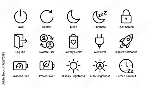 Collection of computer icon set including power, sleep, battery, and screen settings