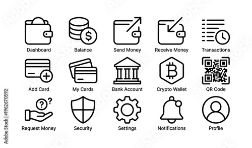 Finance and banking icons set featuring wallet, bank, and security symbols