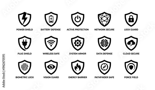 Security icons: shields for network, battery, and biometric protection