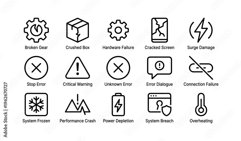 Fototapeta premium Set of simple icons representing various technical issues and failures