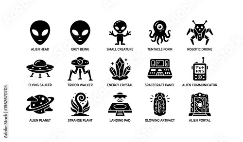 Alien icons collection: ufos, creatures, technology, and space elements