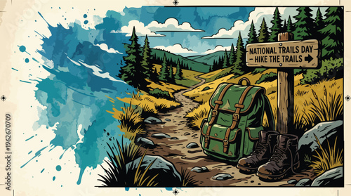 National Trails Day Backpack and Hiking Boots on a Winding Mountain Trail