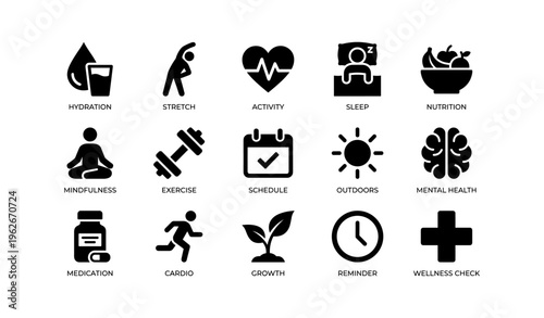 Health and wellness icons illustrating fitness, nutrition, and mental wellbeing