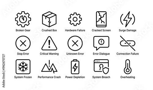 Set of simple icons representing various technical issues and failures