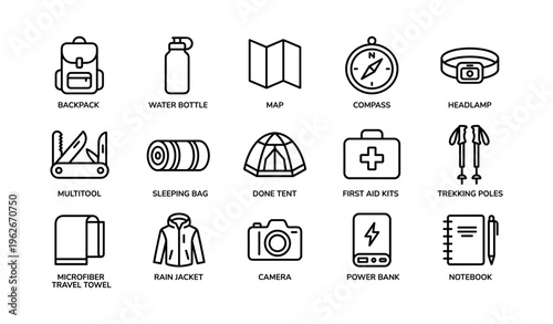 Essential camping gear icons: backpack, sleeping bag, compass, tent, first aid kit, camera