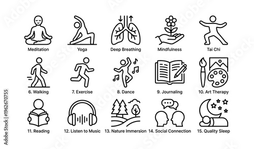 Wellness icons depicting meditation yoga breathing mindfulness tai chi exercise and dance
