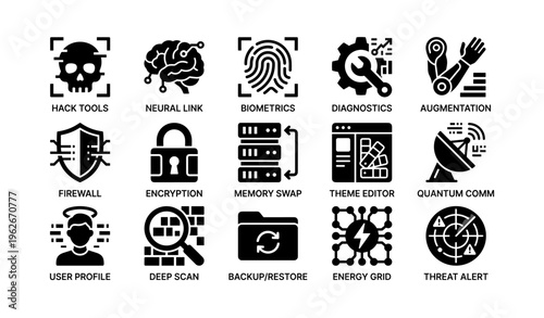 Technology icons: security, biometrics, encryption, diagnostics, quantum communication