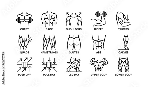 Workout icons for targeting specific muscle groups and fitness plans