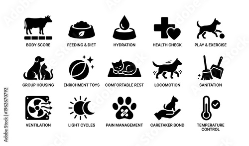 Animal welfare icons: nutrition, hydration, health, exercise, comfort in black silhouette