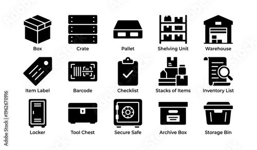 Warehouse icons: box, crate, pallet, shelving, inventory, barcode, checklist, storage