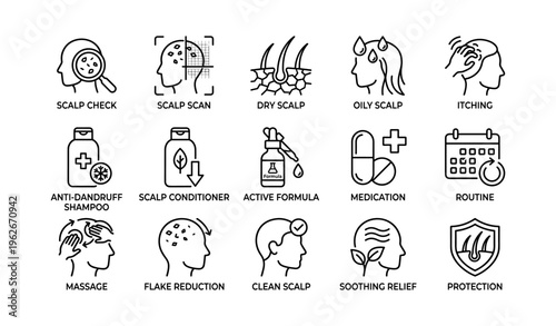 Scalp health icons: check, scan, dry, oily, itching, treatment guide