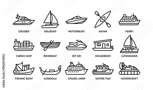 Outline icons of various watercraft including boats, ships, and kayaks