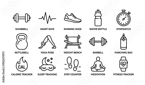 Fitness icons featuring dumbbell, running shoe, yoga pose, stopwatch, and barbell