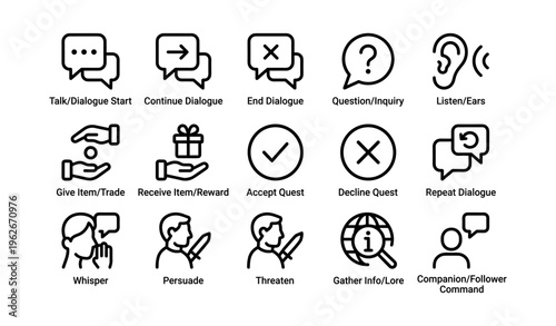 Dialogue icons set: communication, quest, interaction symbols