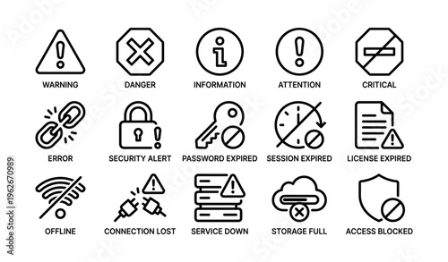 Warning and error alert icons for digital security and connectivity issues