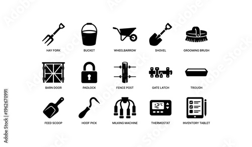 Essential farm tools and equipment icons: hay fork to inventory tablet illustrations