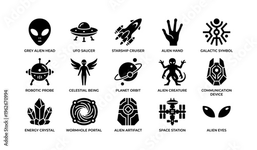 Alien icons: symbols of spacecraft, creatures, and mystical technology